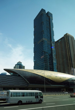 Dubai, UAE February 20, 2020: metro station among the avenues of the city of Dubai