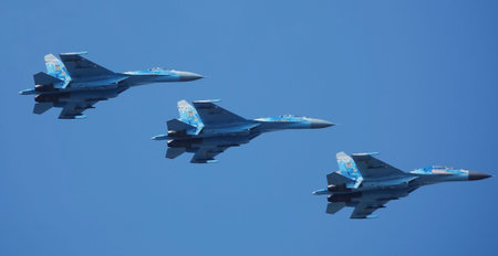 Kyiv, Ukraine August 24, 2021: Fighter SU-27 at the celebration of 30 years of independence of...