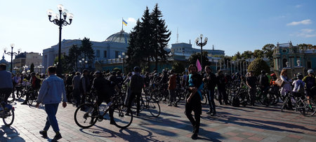 Kiev, Ukraine June 14, 2021: Gathering of cyclists near the Supreme Council of Ukraine for the construction of bike pathsのeditorial素材