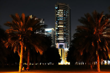 Sharjah, UAE February 24, 2020: at night city buildings and avenues of the city of Sharjahのeditorial素材