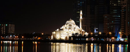 Sharjah, UAE February 19, 2020: a large and beautiful mosque in the center of Sharjahのeditorial素材