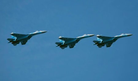 Kyiv, Ukraine August 24, 2021: Fighter SU-27 at the celebration of 30 years of independence of...