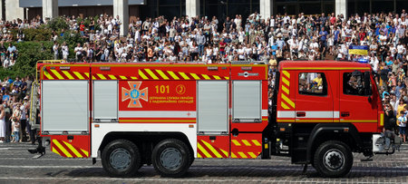 Kyiv, Ukraine August 24, 2021: Fire fighting equipment at the celebration of 30 years of...