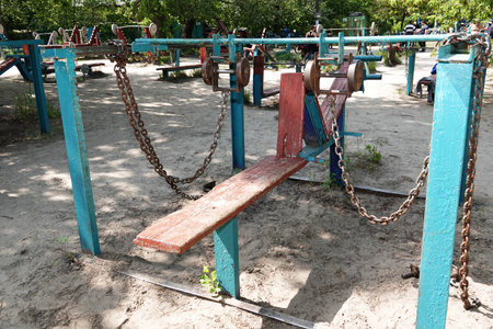 Kiev, Ukraine May 15, 2020: home-made simulators on which Kiev residents go in for sports in the hydroparkのeditorial素材