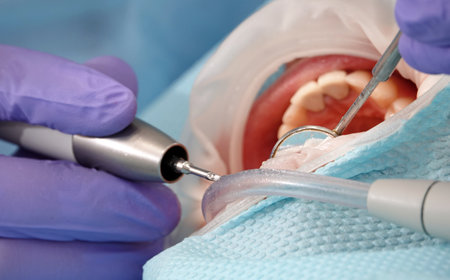 Kiev, Ukraine August 22, 2020: Dentist doctor works with a patient close-upのeditorial素材