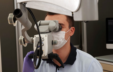 Kiev, Ukraine August 22, 2020: Dentist Doctor's Instrument Microscope Close-upのeditorial素材