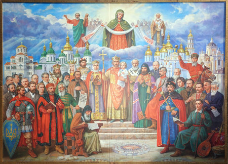 Kiev, Ukraine October 5, 2021: Painting depicting all the most significant people in the history of Ukraineのeditorial素材