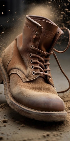 High-top boots: military, touring, tactical and trekking are worn on a dirt roadの素材