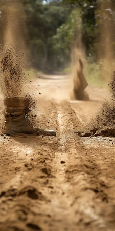 High-top boots: military, touring, tactical and trekking are worn on a dirt roadの素材