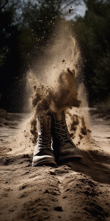 High-top boots: military, touring, tactical and trekking are worn on a dirt roadの素材