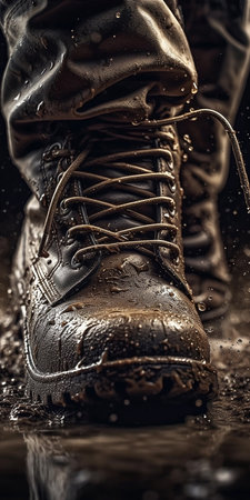 The legs of the military and tourists in high-top boots on a dirt road are dirty and wetの素材