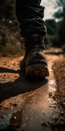 The legs of the military and tourists in high-top boots on a dirt road are dirty and wetの素材