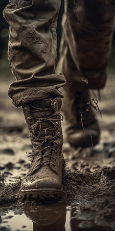 The legs of the military and tourists in high-top boots on a dirt road are dirty and wetの素材