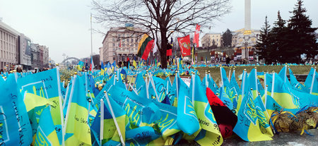 Kyiv, Ukraine March 15, 2024: Ukrainian flags in support of the Ukrainian Military Forces in the...
