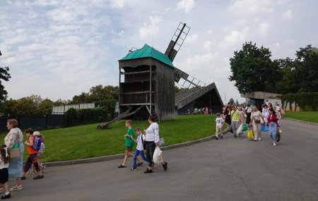 Kyiv, Ukraine, September 1, 2025: Ancient mills in the open-air museum of folk architecture and everyday life of Ukraineの写真素材