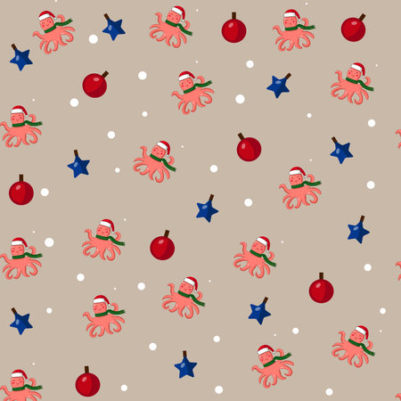 New year vector illustration of octopus pattern with santa claus hat. Pink octopus in vector with candies.のイラスト素材