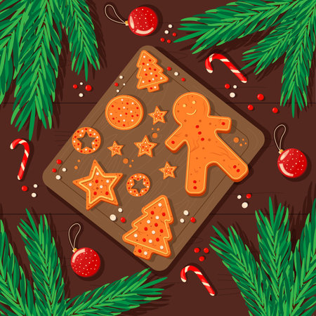 Christmas background with gingerbread, lollipop, fir branches. Greeting card. Vector Illustration in flat style.のイラスト素材