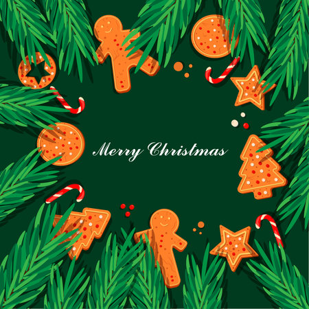 Christmas background with fir branches and gingerbread cookies. Christmas background with gingerbread. Suitable for greeting cards, banners, posters, flyers for New Year and Christのイラスト素材