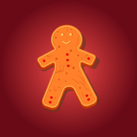 Cartoon gingerbread. Christmas new year ginger cookie in the shape of a person. Brown pepper cake for the holiday. Vector flat cartoon illustration isolated on red background.のイラスト素材