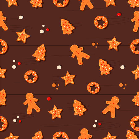 Vector pattern with gingerbread cookies. Textile design for Christmas wrappings, textile, wallpaper and backgrounds.のイラスト素材