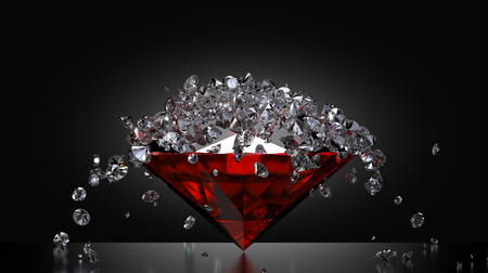 Lots of small diamonds falling on a large ruby stoneの写真素材