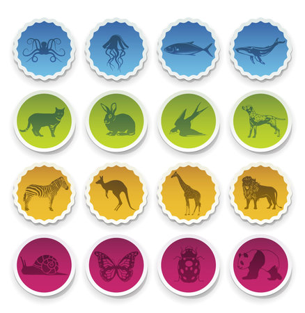 Collection of stickers with selected animals symbols/icons. Vector Illustration. のイラスト素材