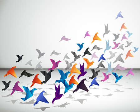 Indoor flight, Origami Birds start to fly in closed space. のイラスト素材