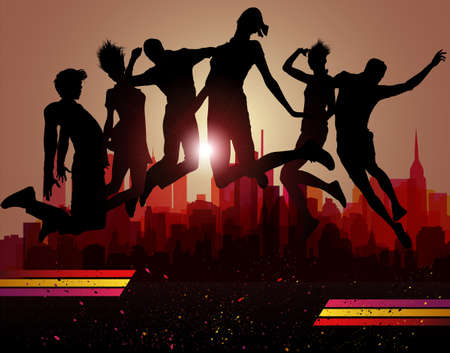 Jumps over city. Party background, vector illustration. のイラスト素材