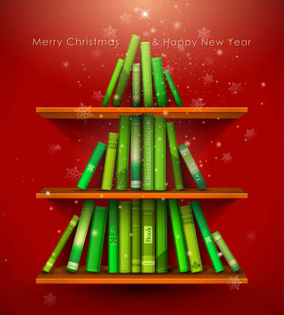 "Collection of Christmas Stories". Christmas tree formed from books on the bookshelf. Vector Illustration. のイラスト素材