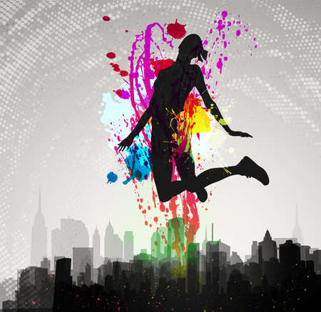 Girl jumping over city  のイラスト素材