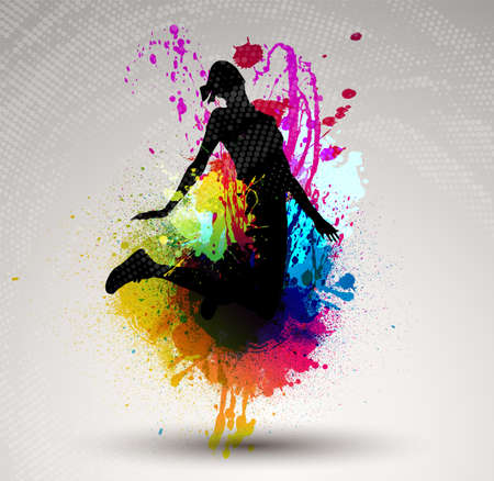 Girl jumping over ink splash background  のイラスト素材