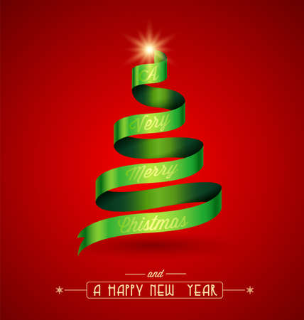 Creative Christmas tree, "A Very Merry Christmas" massage over green ribbon.のイラスト素材