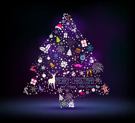 Holiday card, Christmas tree from design elements over dark backgroundのイラスト素材