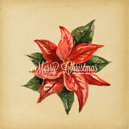 Holiday Greeting Card - Poinsettia, Retro style watercolor illustrationのイラスト素材