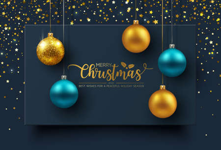 Holiday Greeting Card, gold and blue ornaments over dark color.のイラスト素材
