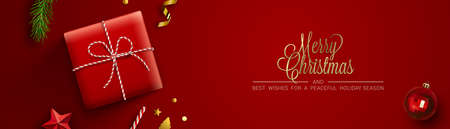 Red Christmas background, banner, frame, header, background or greeting card design with christmas decor including baubles, gift box, fir tree cuttings, glitter and confetti. Vector Illustration.のイラスト素材