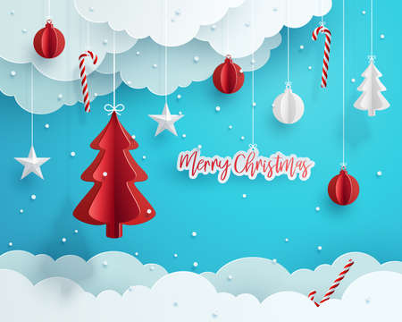 Paper craft Christmas elements including hanging fir tree, stars, ornaments, red confetti, and paper clouds against blue background.  Vector Illustrationのイラスト素材