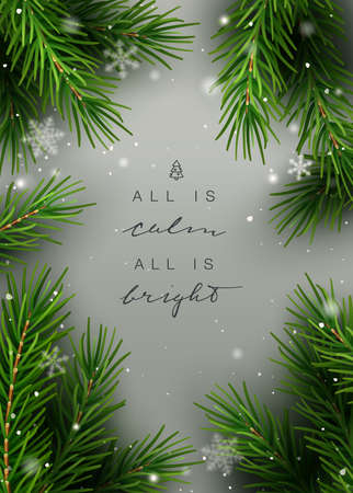 Elegant Christmas background, frame, with fir tree cuttings, snowflakes and hand lettering. Vector Illustration.のイラスト素材
