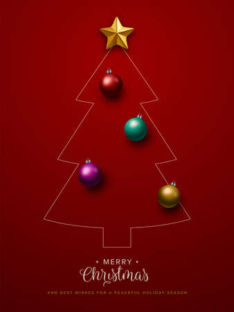 Christmas greeting card design with Christmas ornaments over green background and contour drawing of christmas tree. Overall composition appears as Christmas tree. Vector illustrationのイラスト素材