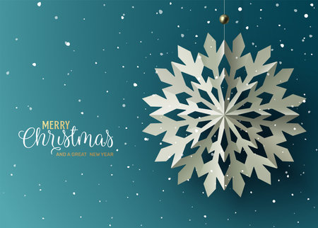 Winter and Holidays design with Paper craft hanging snowflakes against blue background. Vector...