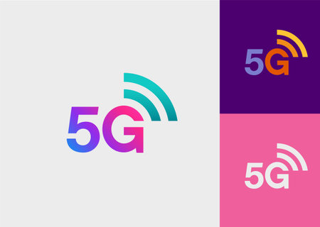 Fifth generation wireless network technology logo in three different versions (gradient, color and...