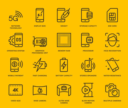 Smartphone Specification Icons. Monoline conceptThe icons were created on a 48x48 pixel aligned, perfect grid providing a clean and crisp appearance. Adjustable stroke weight.のイラスト素材