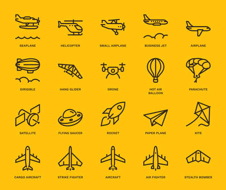 Aircraft Icons,  Monoline concept
The icons were created on a 48x48 pixel aligned, perfect grid providing a clean and crisp appearance. Adjustable stroke weight.のイラスト素材
