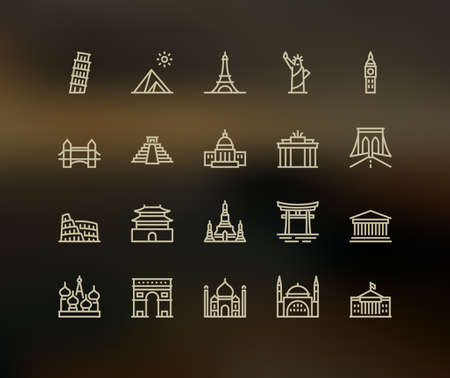 International Landmarks and Monuments, Monoline concept. 
The icons were created on a 48x48 pixel aligned, perfect grid providing a clean and crisp appearance. Adjustable stroke weight.のイラスト素材