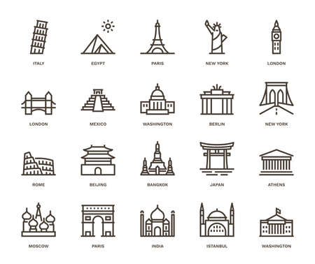 International Landmarks and Monuments, Monoline concept. 
The icons were created on a 48x48 pixel aligned, perfect grid providing a clean and crisp appearance. Adjustable stroke weight.のイラスト素材