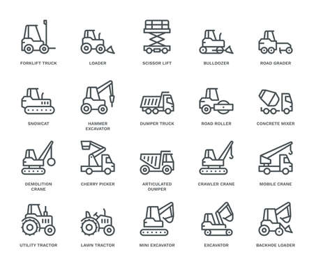 Industrial Vehicles Icons,  Monoline concept.
The icons were created on a 48x48 pixel aligned, perfect grid providing a clean and crisp appearance. Adjustable stroke weight.のイラスト素材