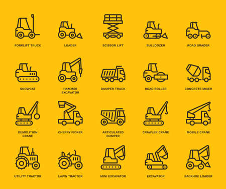 Industrial Vehicles Icons,  Monoline concept.
The icons were created on a 48x48 pixel aligned, perfect grid providing a clean and crisp appearance. Adjustable stroke weight.のイラスト素材