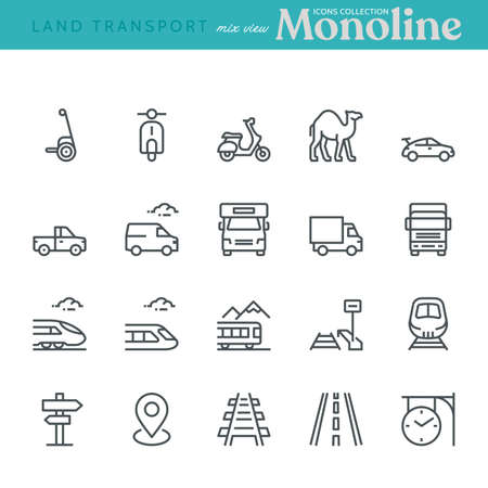 Land Transport Icons, mixed view,  Monoline concept. The icons were created on a 48x48 pixel aligned, perfect grid, providing a clean and crisp appearance. Adjustable stroke weight.のイラスト素材