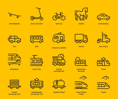 Land Transport Icons, side view,  Monoline concept. The icons were created on a 48x48 pixel aligned, perfect grid, providing a clean and crisp appearance. Adjustable stroke weight.のイラスト素材