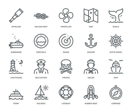 Nautical Icons,  Monoline concept.
The icons were created on a 48x48 pixel aligned, perfect grid providing a clean and crisp appearance. Adjustable stroke weight.のイラスト素材